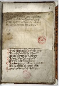 Afb. 3: Losse perkamenten strook met daarop Spreuk Z. Vastgekleefd aan f. 1r in het handschrift-Vanden Stock.