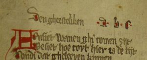 Afb. 32: Begin van het Abc-darium met een minuskel 'b' in het opschrift en een majuskel 'b' in vers 2 van de tekst (f.37v).